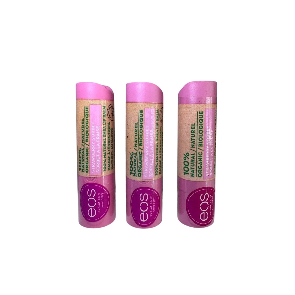 Lot of 3 EOS Organic Strawberry Sorbet Lip Balm 100% Natural Shea 0.14oz Sticks
